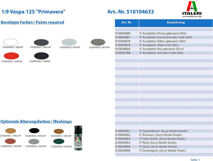 Italeri 4633 Vespa 510104633-1:9 125 "Primavera, Modellbau, Bausatz, Standmodellbau, Basteln, Hobby,