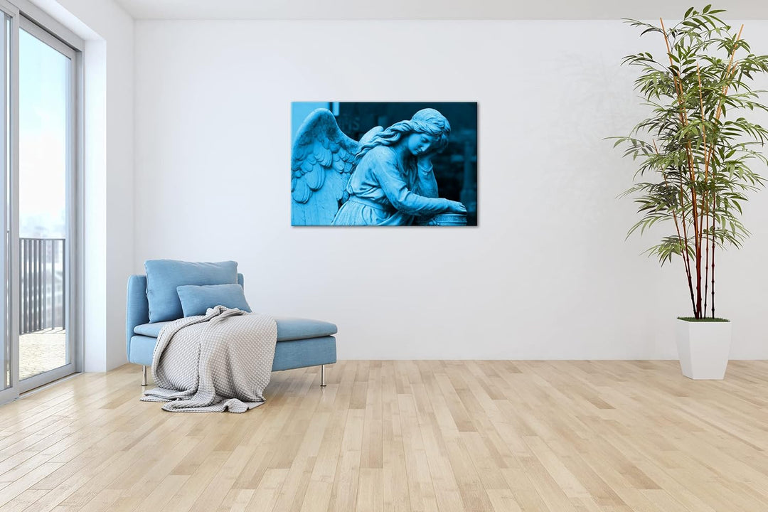 deyoli einsamer Steinengel Format 80x60 Effekt: Monocrome Blau als Leinwandbild, Motiv fertig gerahm