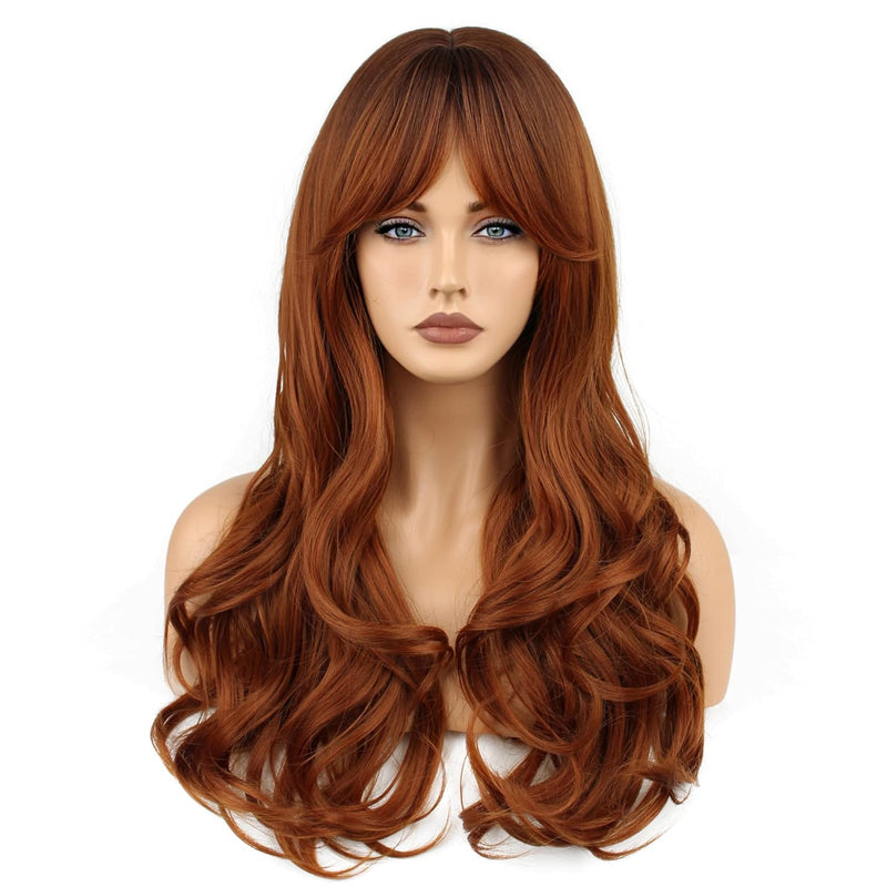 FAELBATY Perücke mit langen Locken Orange Pony Perücke Ombre braun bis orange Perücke für Frauen Per