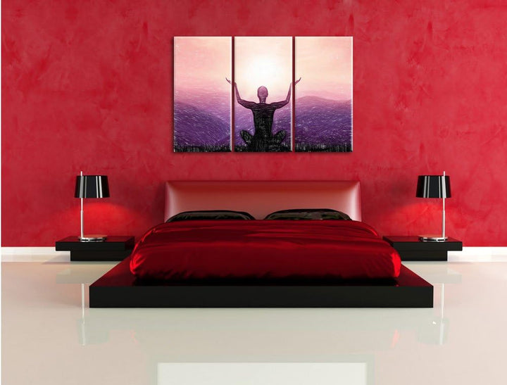 Pixxprint Yoga in den Bergen Kunst Buntstift Effekt 3-Teiler Leinwandbild 120x80 Bild auf Leinwand