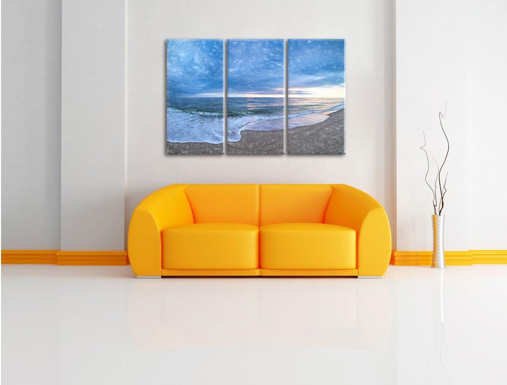 Pixxprint Strandufer Kunst Buntstift Effekt 3-Teiler Leinwandbild 120x80 Bild auf Leinwand