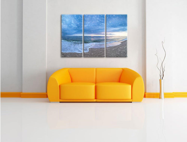 Pixxprint Strandufer Kunst Buntstift Effekt 3-Teiler Leinwandbild 120x80 Bild auf Leinwand