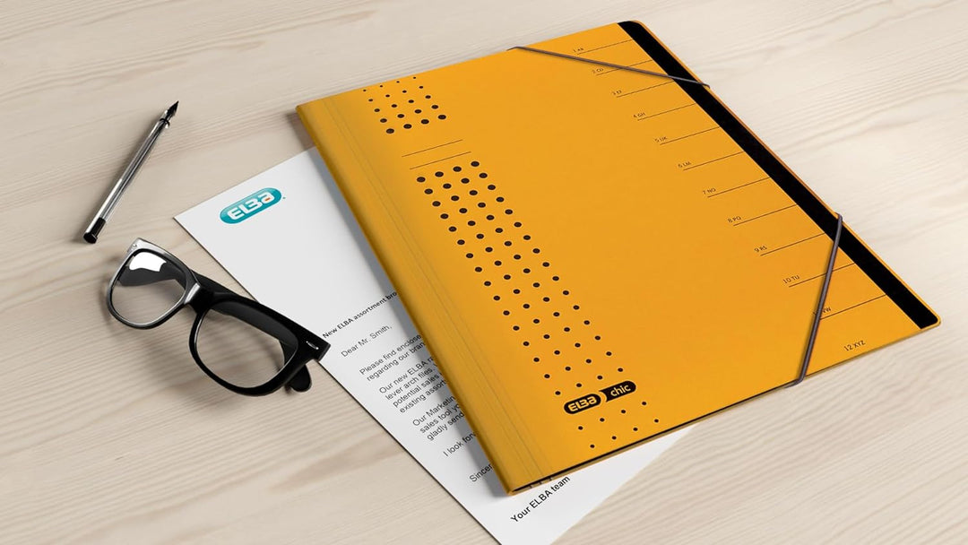 Elba Ordnungsmappe chic A4 aus Karton, 12 Fächer, gelb, 5 Stück gelb Ordnungsmappe chic A4, gelb Ord