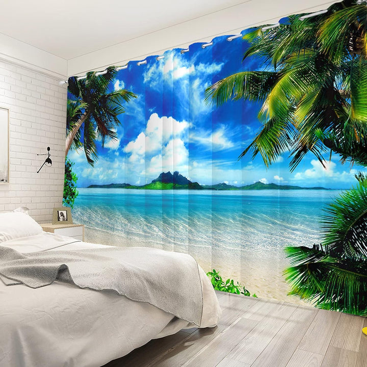 Renaiss 66x160cm Strand Blau Meer Himmel Palme Fenstervorhänge Wärmeisolierter Bedruckter Vorhang So