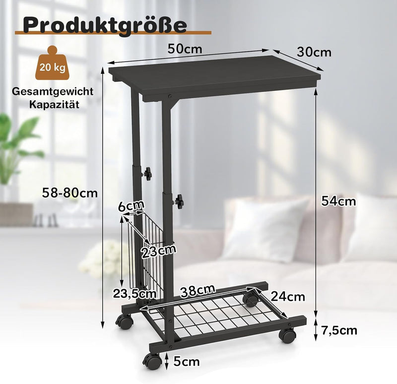 COSTWAY Laptoptisch höhenverstellbar, mit Aufbewahrungskorb, Beistelltisch Holz mit Metallrahmen, So