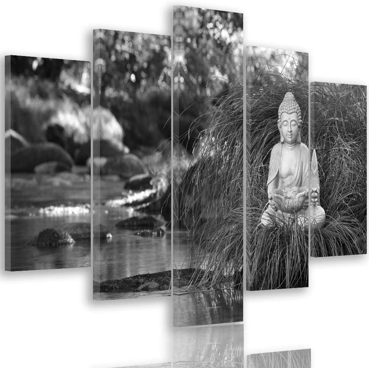 Feeby Wandbild XXL 5 Teilig Buddha Leinwandbild Natur Wasser Schwarzweiss 300x140 cm Leinwandbild 30