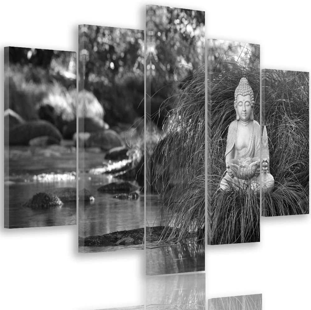 Feeby Leinwandbild 5 Teilig Buddha Bild Wanddeko Natur Wasser Schwarzweiss 200x100 cm Leinwandbild 2