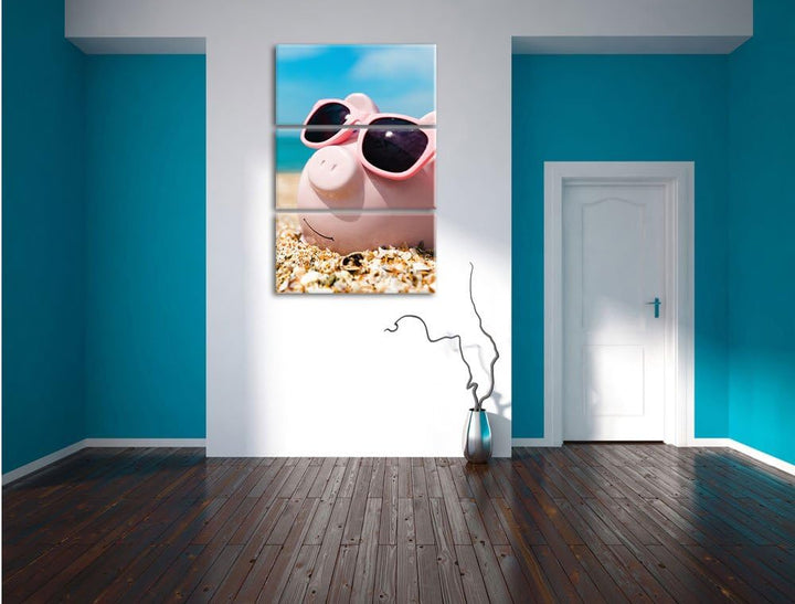 Pixxprint Schweinchen am Strand 3-Teiler Leinwandbild 120x80 Bild auf Leinwand