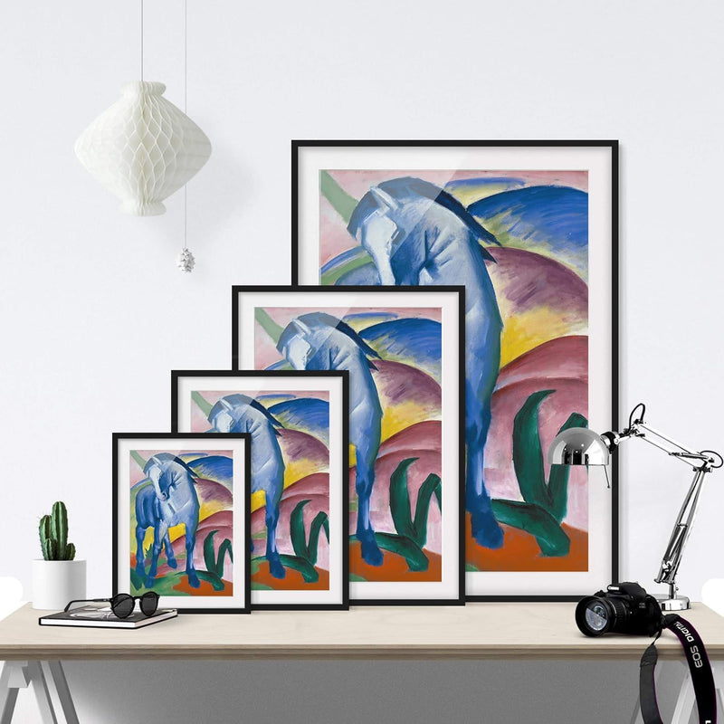 Bild mit Rahmen - Franz Marc - Blaues Pferd - Rahmenfarbe Schwarz, 100 x 70 cm 100cm x 70cm Schwarz,