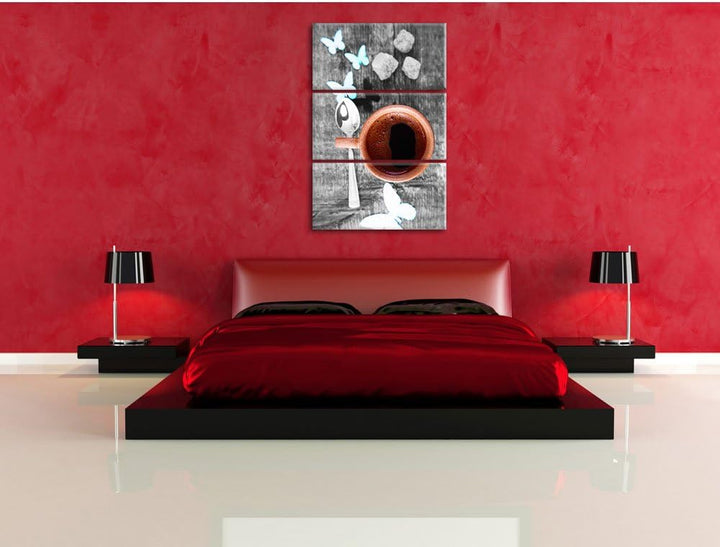 Pixxprint schmackhafter Kaffee mit Schmetterlingsdeko schwarz/weiss 3-Teiler Leinwandbild 120x80 Bil