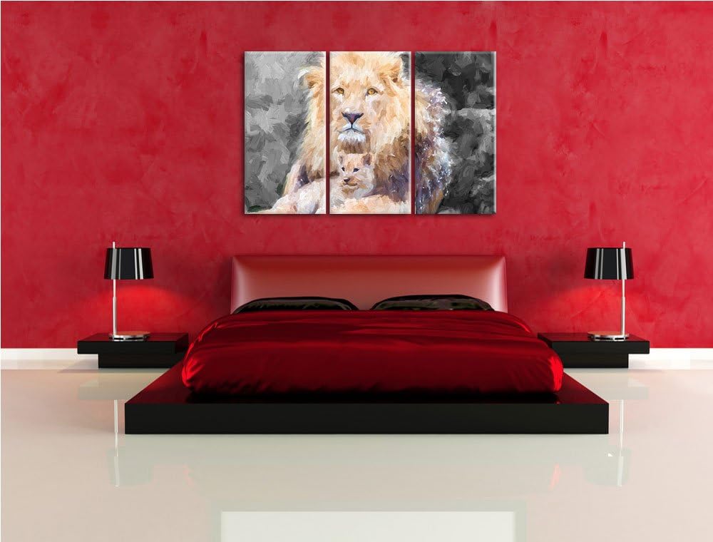 prächtiger Löwe kuschelt mit Jungtier schwarz/weiss Deluxe 3-Teiler Leinwandbild 120x80 Bild auf Lei