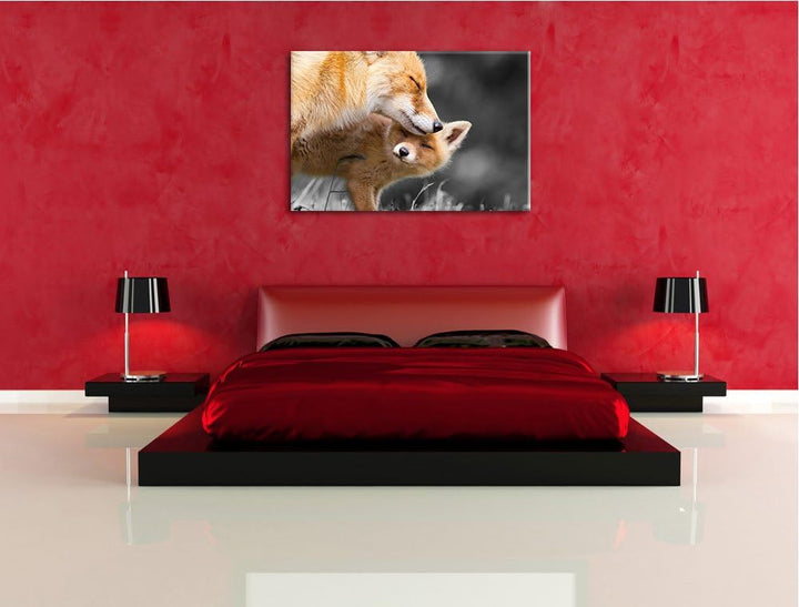 süsse kuschelnden Füchse schwarz/weiss Format: 100x70 auf Leinwand, XXL riesige Bilder fertig gerahm