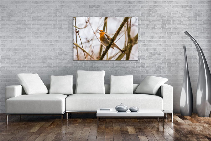 deyoli singendes Rotkehlchen Format: 80x60 als Leinwandbild, Motiv fertig gerahmt auf Echtholzrahmen
