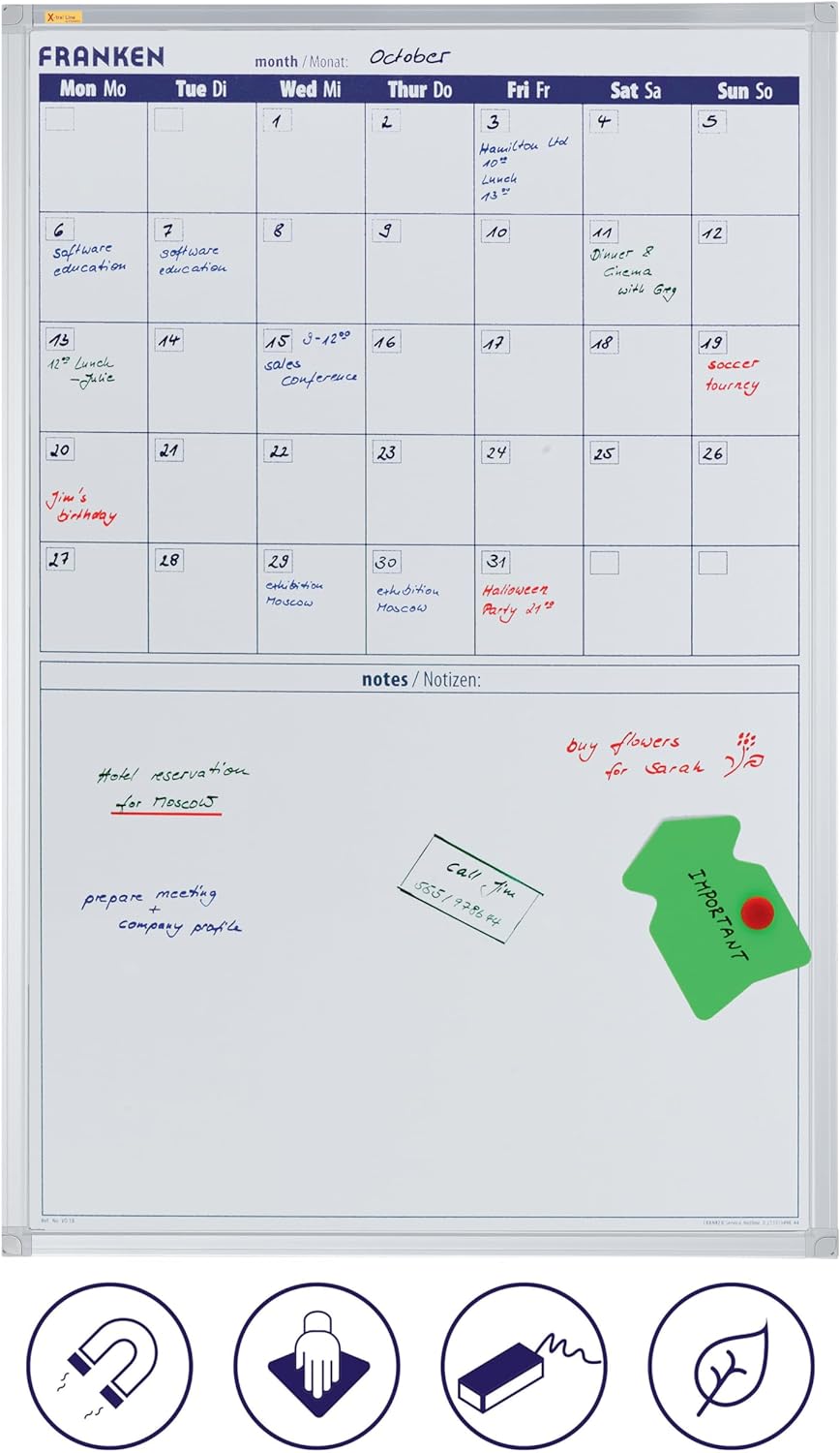FRANKEN X-tra!Line Monatskalender mit Notizfeld, lackiert, magnetisch, beschreibbar, trocken abwisch