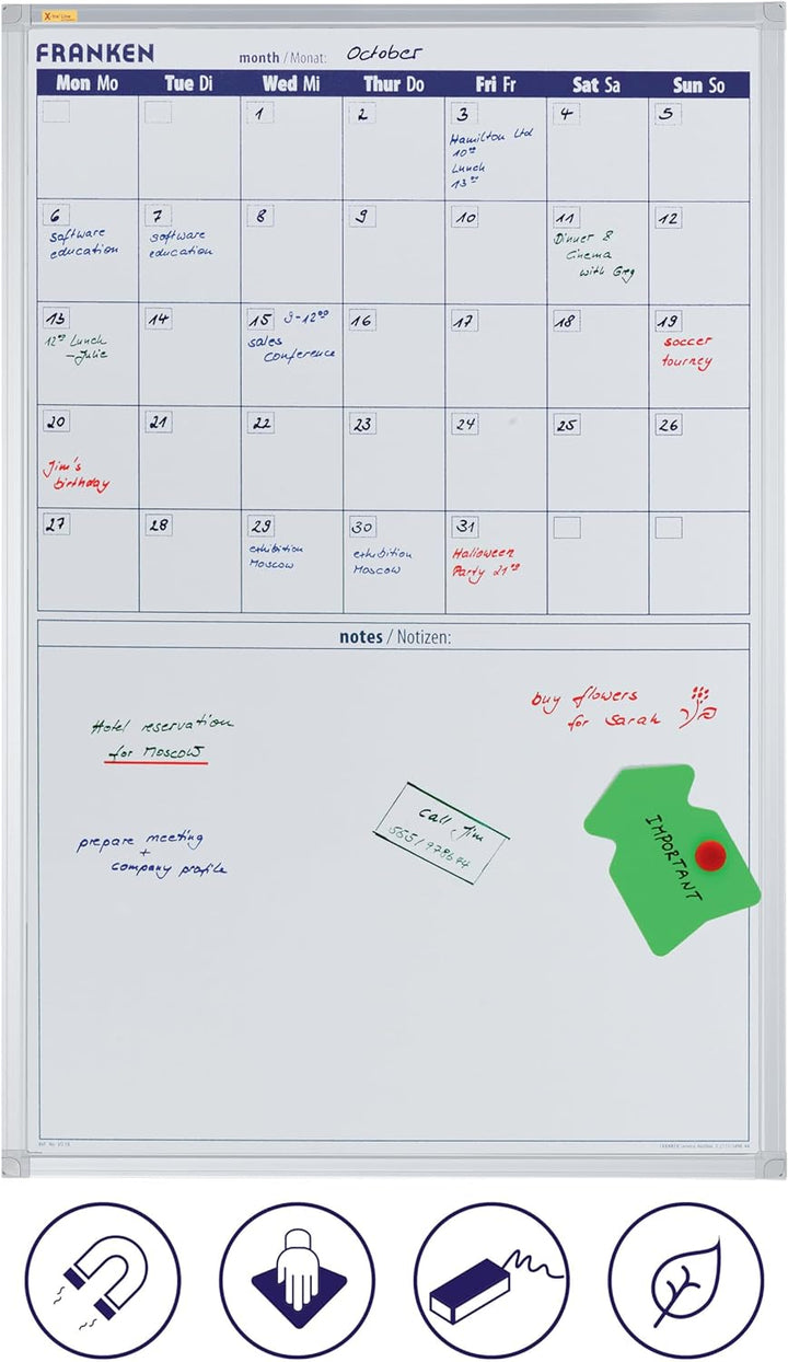FRANKEN X-tra!Line Monatskalender mit Notizfeld, lackiert, magnetisch, beschreibbar, trocken abwisch