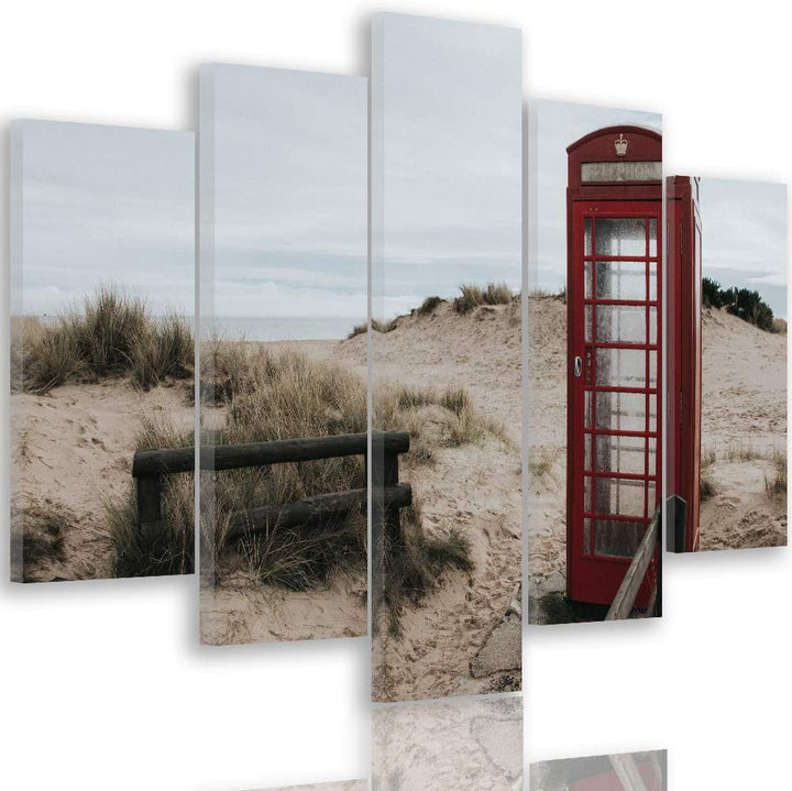 Feeby Bild auf Leinwand Landschaft 5 Teilig Modern Telefonzelle Strand Sand rot 150x100 cm Leinwandb