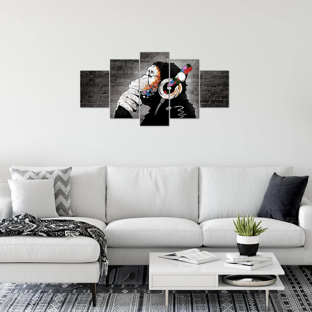 Runa Art Wandbilder Banksy Affe mit Kopfhörer 5 Teilig Bild auf Vlies Leinwand Deko Loft Wohnzimmer