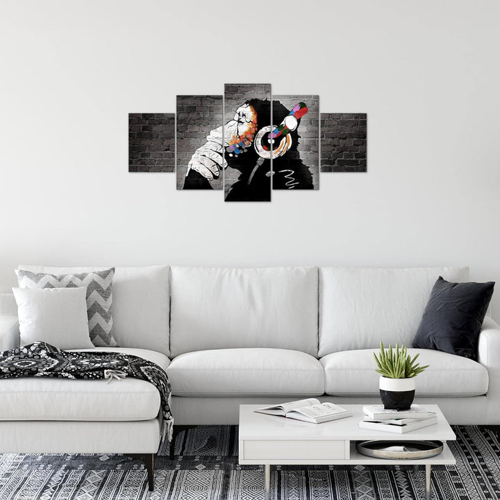 Runa Art Wandbilder Banksy Affe mit Kopfhörer 5 Teilig Bild auf Vlies Leinwand Deko Loft Wohnzimmer
