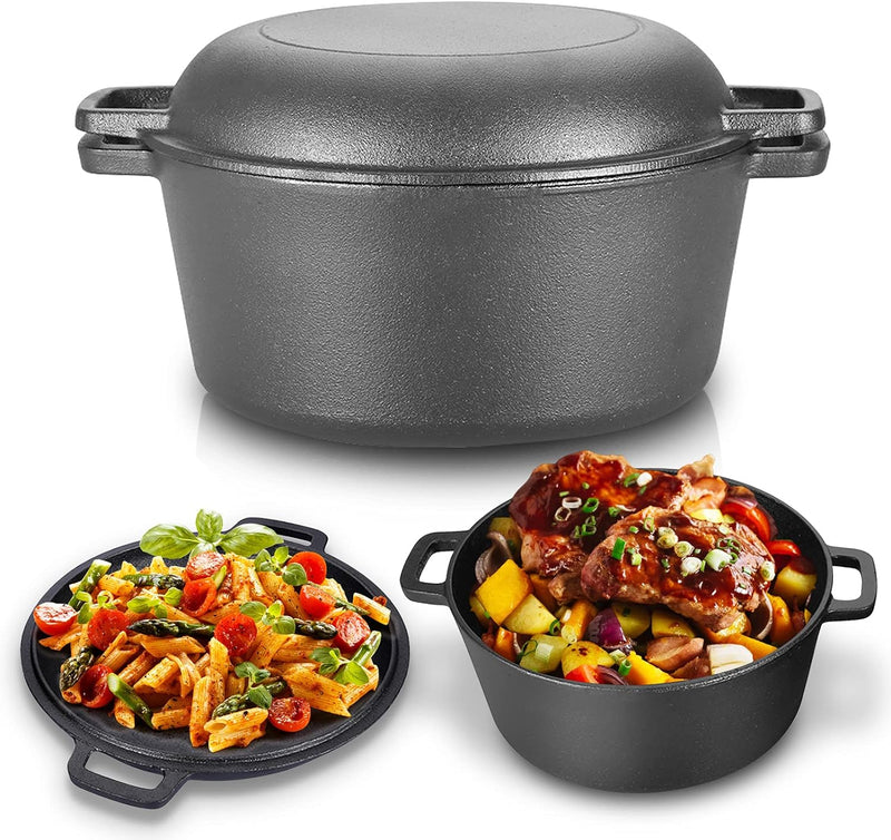 Gusseisen Topf, 2 in 1 4,5 l Kochtopf Double Dutch Oven Combo Kocher mit Eingebrannt Doppelfunktion