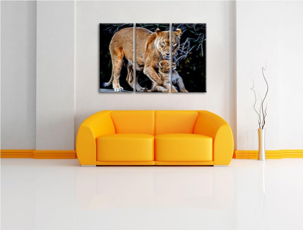 Dark Löwin spielt mit Jungtier Spezial 3-Teiler Leinwandbild 120x80 Bild auf Leinwand, XXL riesige B