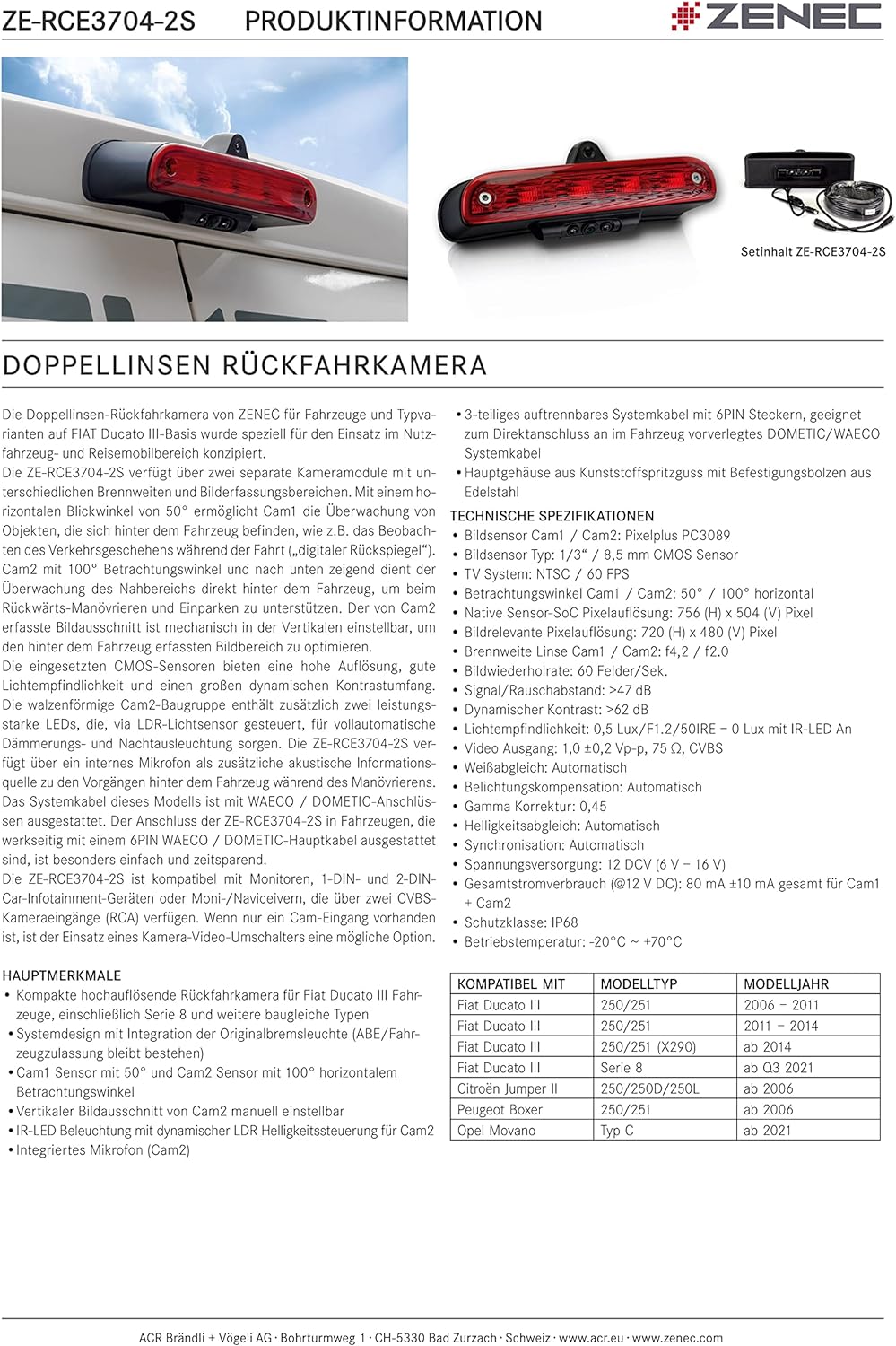 ZENEC ZE-RCE3704-2S – Bremsleuchten Doppellinsen Rückfahrkamera kompatibel mit FIAT Ducato, Peugeot