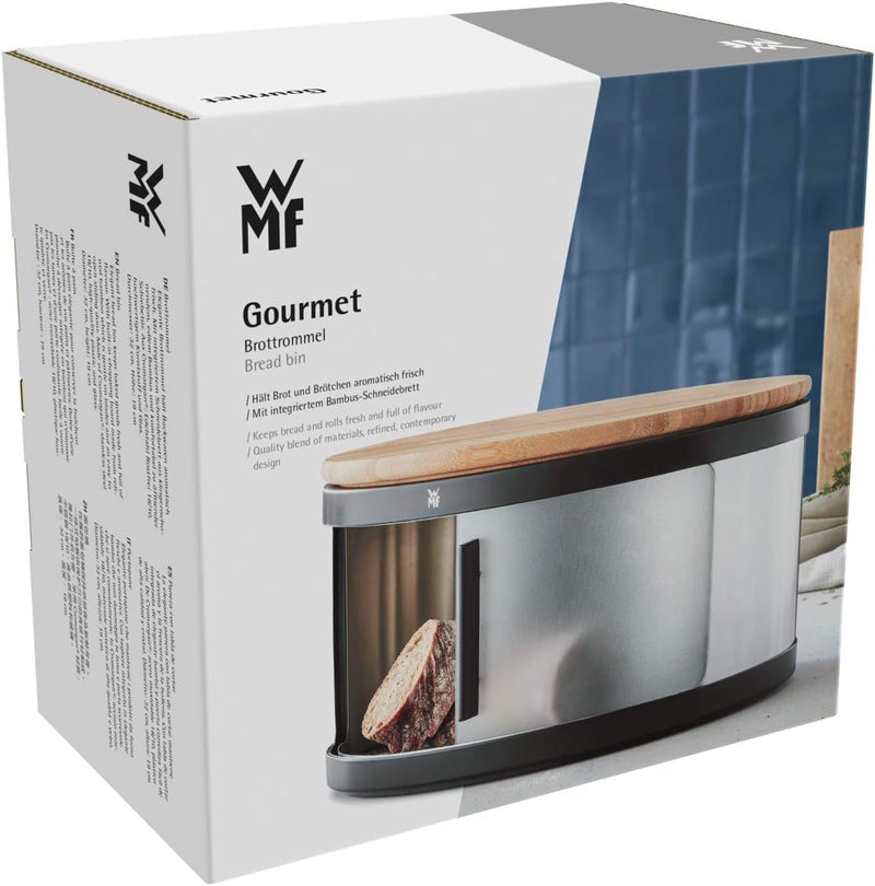 WMF Gourmet Brotkasten rund 32 x 13 cm, mit Schneidbrett, Brottrommel, Bambus, Cromargan Edelstahl,