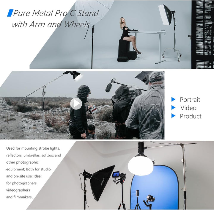 NEEWER Pro 100% Metall C Ständer Lichtständer mit Rädern, max. Höhe 330 cm Verstellbarer Reflektorst
