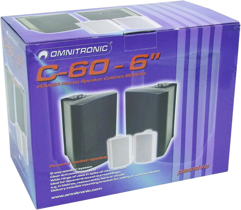 OMNITRONIC C-60 schwarz 2X | Passives 2-Wege-Lautsprecherpaar mit Halterung, 6,5"-Tieftönern und 50
