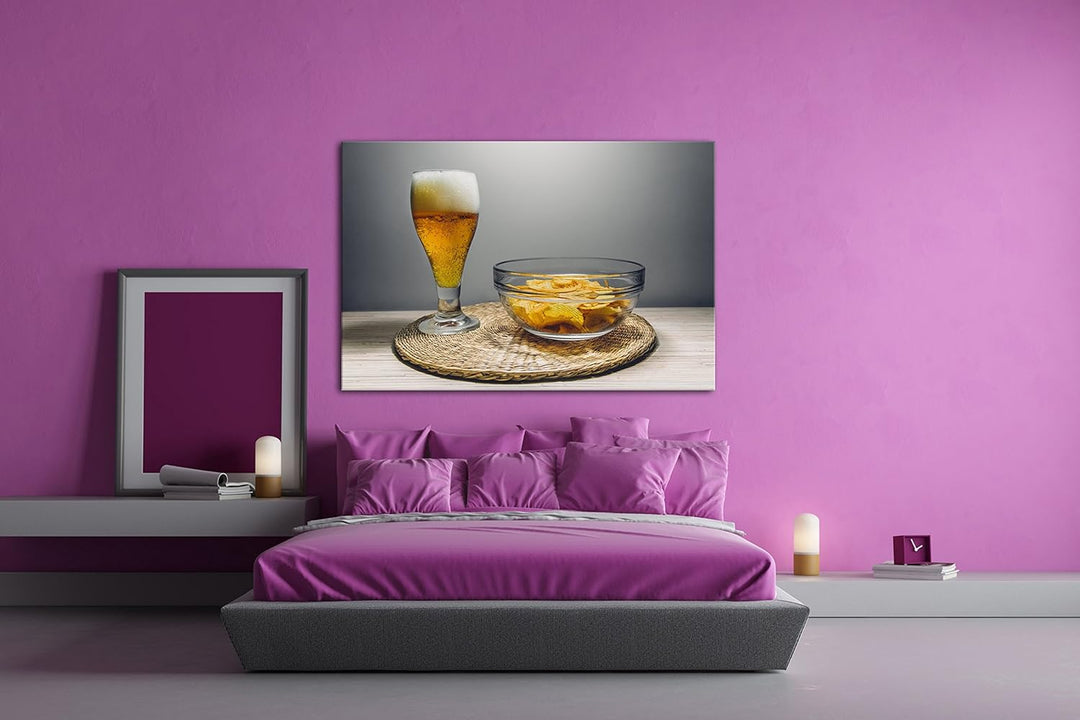 deyoli Chips und Bier Format: 100x70 als Leinwandbild, Motiv fertig gerahmt auf Echtholzrahmen, Hoch