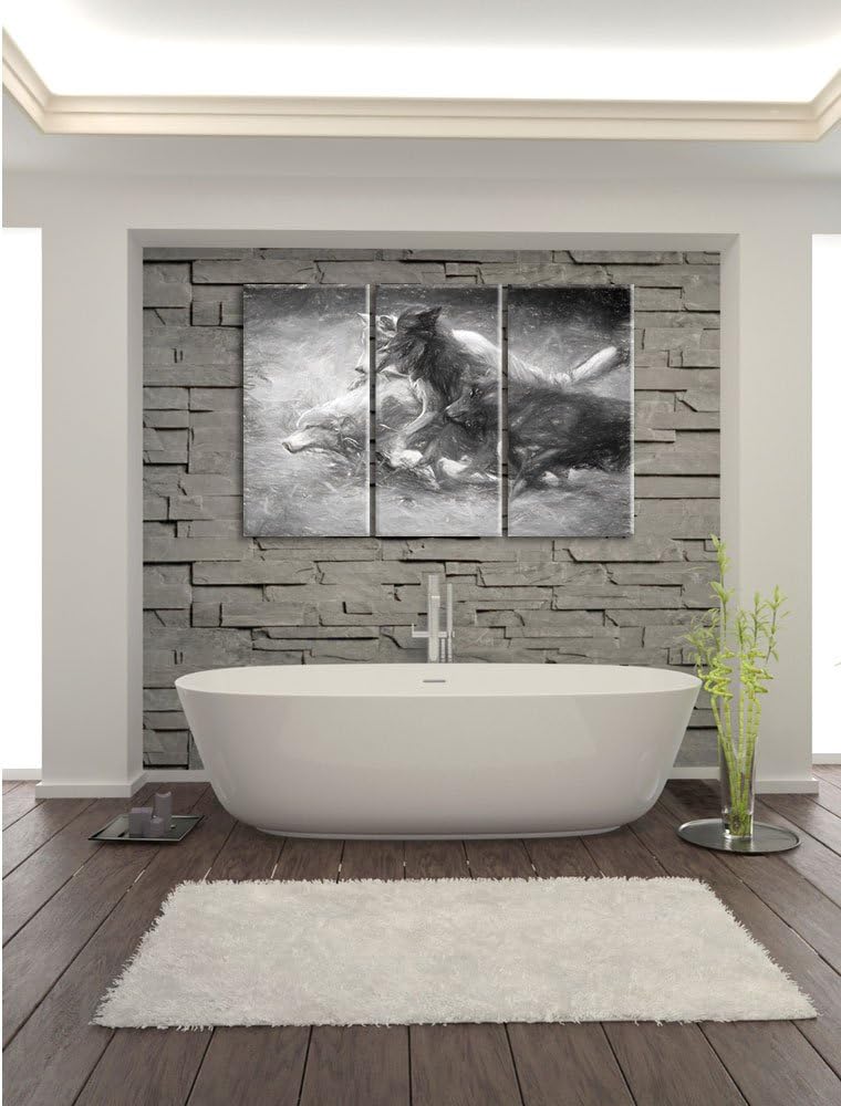 Pixxprint Tobendes Wolfsrudel als Leinwandbild/Grösse: 3 Teilig (120x80) cm/Wandbild/Kunstdruck/fert