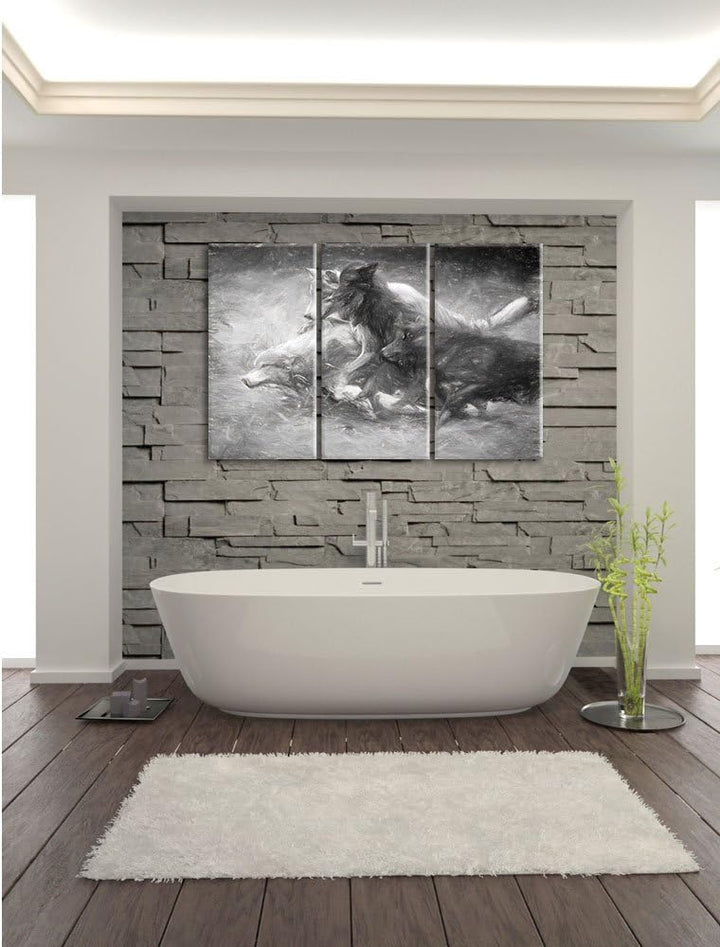 Pixxprint Tobendes Wolfsrudel als Leinwandbild/Grösse: 3 Teilig (120x80) cm/Wandbild/Kunstdruck/fert