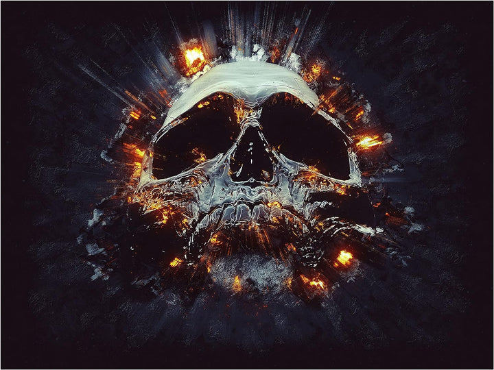 wandmotiv24 Totenkopf Wandbild aus Acrylglas, Grösse 100x75cm, Querformat, Explosion Schädel, Feuer,