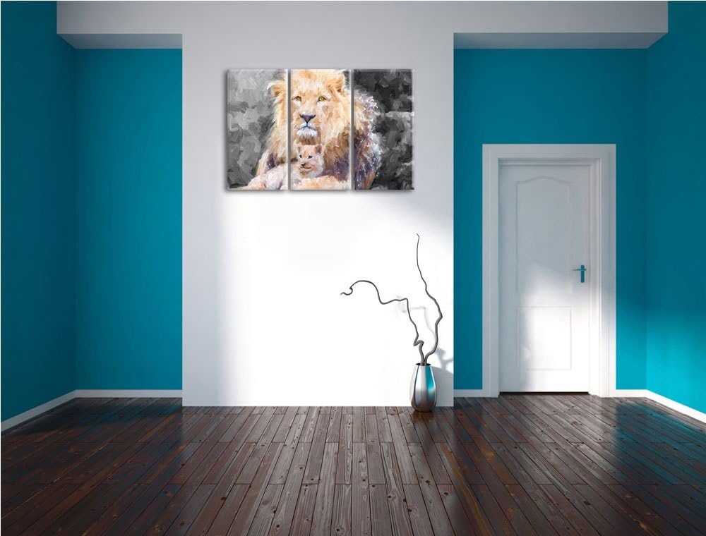 prächtiger Löwe kuschelt mit Jungtier schwarz/weiss Deluxe 3-Teiler Leinwandbild 120x80 Bild auf Lei