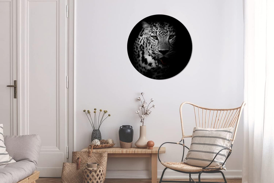 MuchoWow Wandbild Rund Wanddeko Deko Wohnzimmer Bilder 60x60 cm Tiere - Schwarz - Weiss - Panther -
