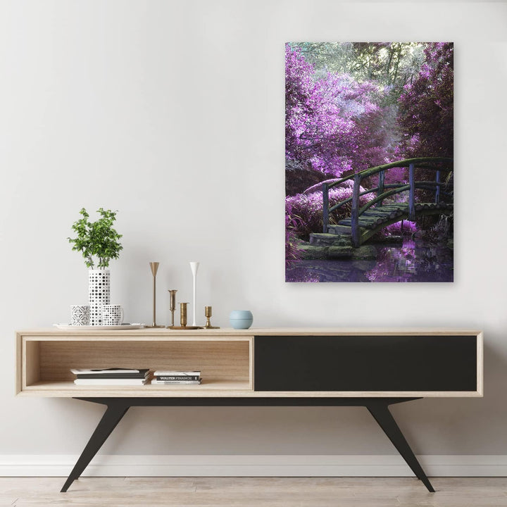 Feeby Vlies Leinwandbild Brücke im Park Fantasie Stream 60x90 cm Druckbild Wandbild Wanddekoration D