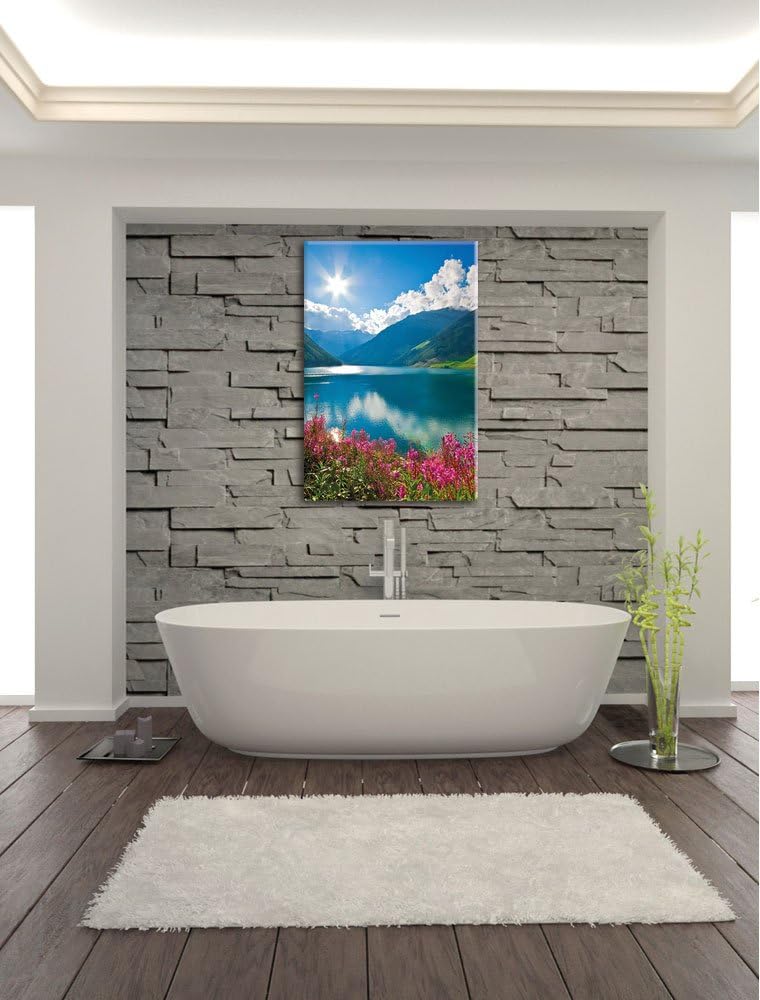 Blumenwiese am Bergsee, Format: 100x70 auf Leinwand, XXL riesige Bilder fertig gerahmt mit Keilrahme