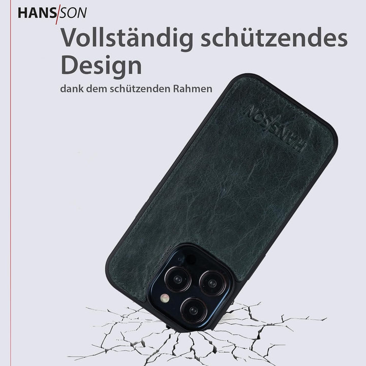 HANS/SON Hülle aus Echtleder | iPhone 14 Pro Max | Blaue Ledercase | 6,7 Zoll | Schmal | Stossfest |