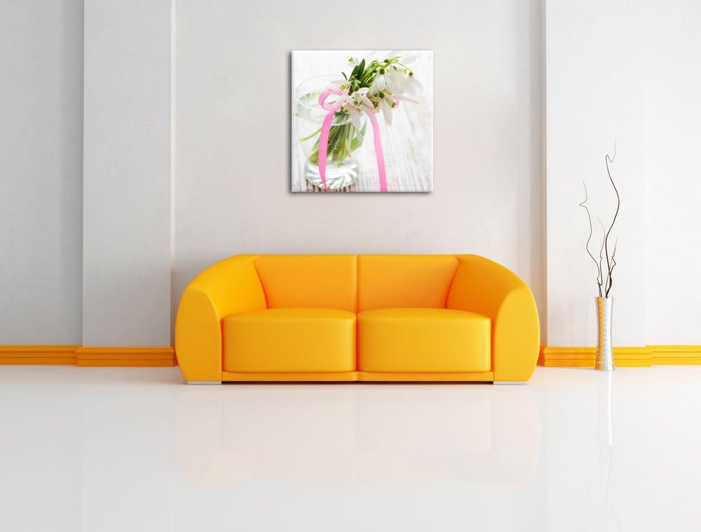 Pixxprint Schneeglöckchen mit rosa Band als Leinwandbild Quadratisch/Grösse: 70x70 / Wandbild/Kunstd