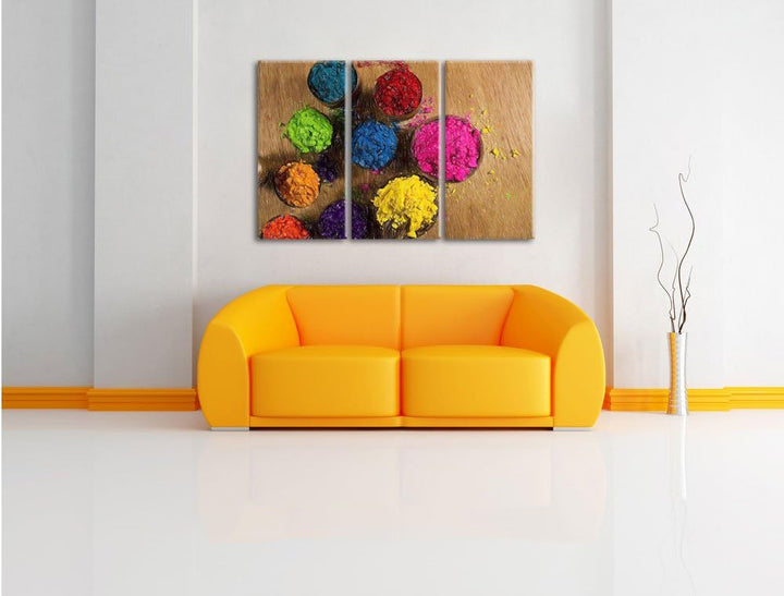 Pixxprint Indisches Farbpulver / 3-Teilig/Gesamtmass 120cm Leinwandbild bespannt auf Holzrahmen/Wand