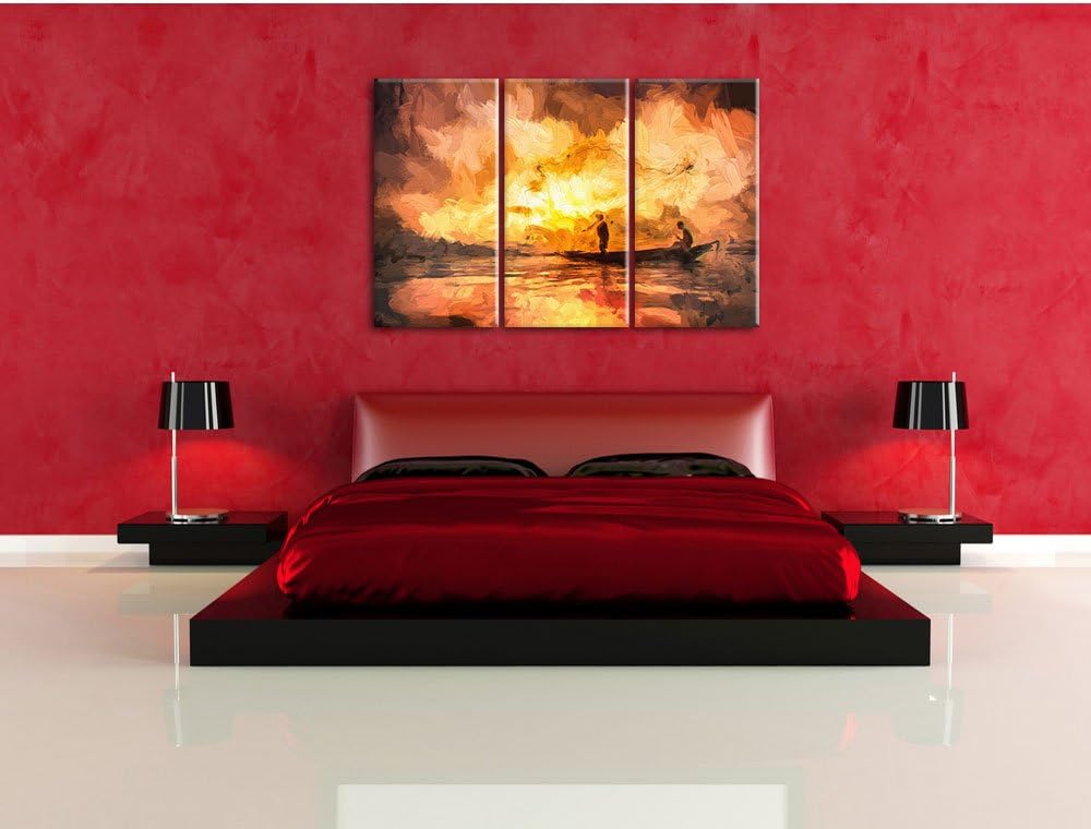 Pixxprint Fischer am fischen mit Wurfnetz als Leinwandbild/Grösse: 3 Teilig (120x80) cm/Wandbild/Kun