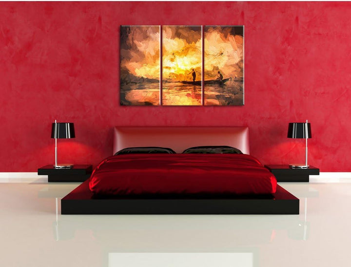 Pixxprint Fischer am fischen mit Wurfnetz als Leinwandbild/Grösse: 3 Teilig (120x80) cm/Wandbild/Kun