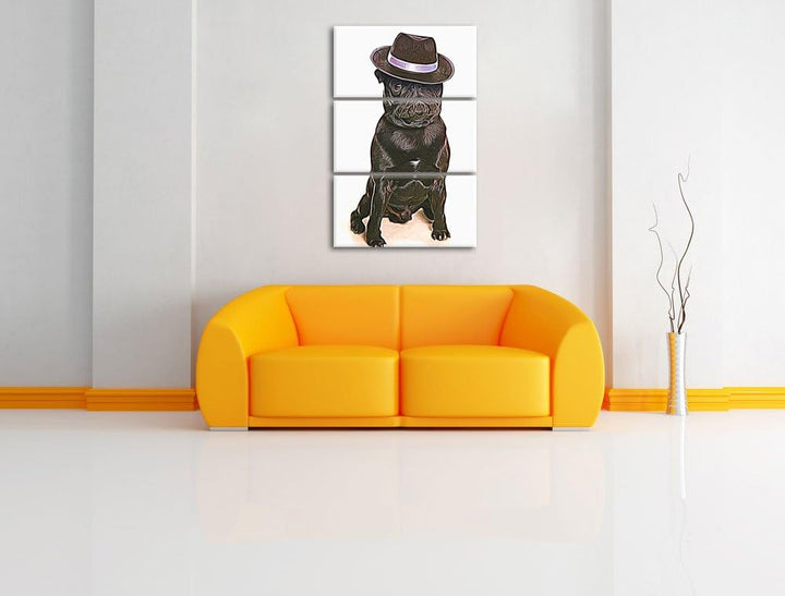 Mops mit Mafia Hut Spezial 3-Teiler Leinwandbild 120x80 Bild auf Leinwand, XXL riesige Bilder fertig
