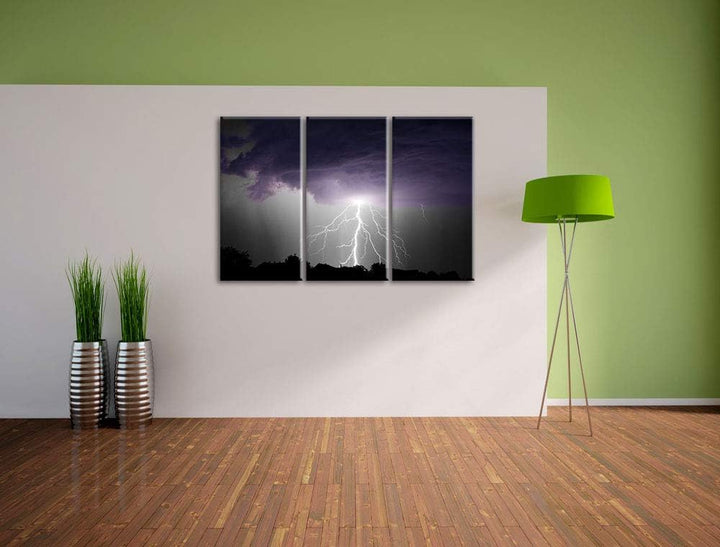 Pixxprint Gewitter über Häusern als Leinwandbild | Grösse: 3 Teilig (120x80) | Wandbild| Kunstdruck