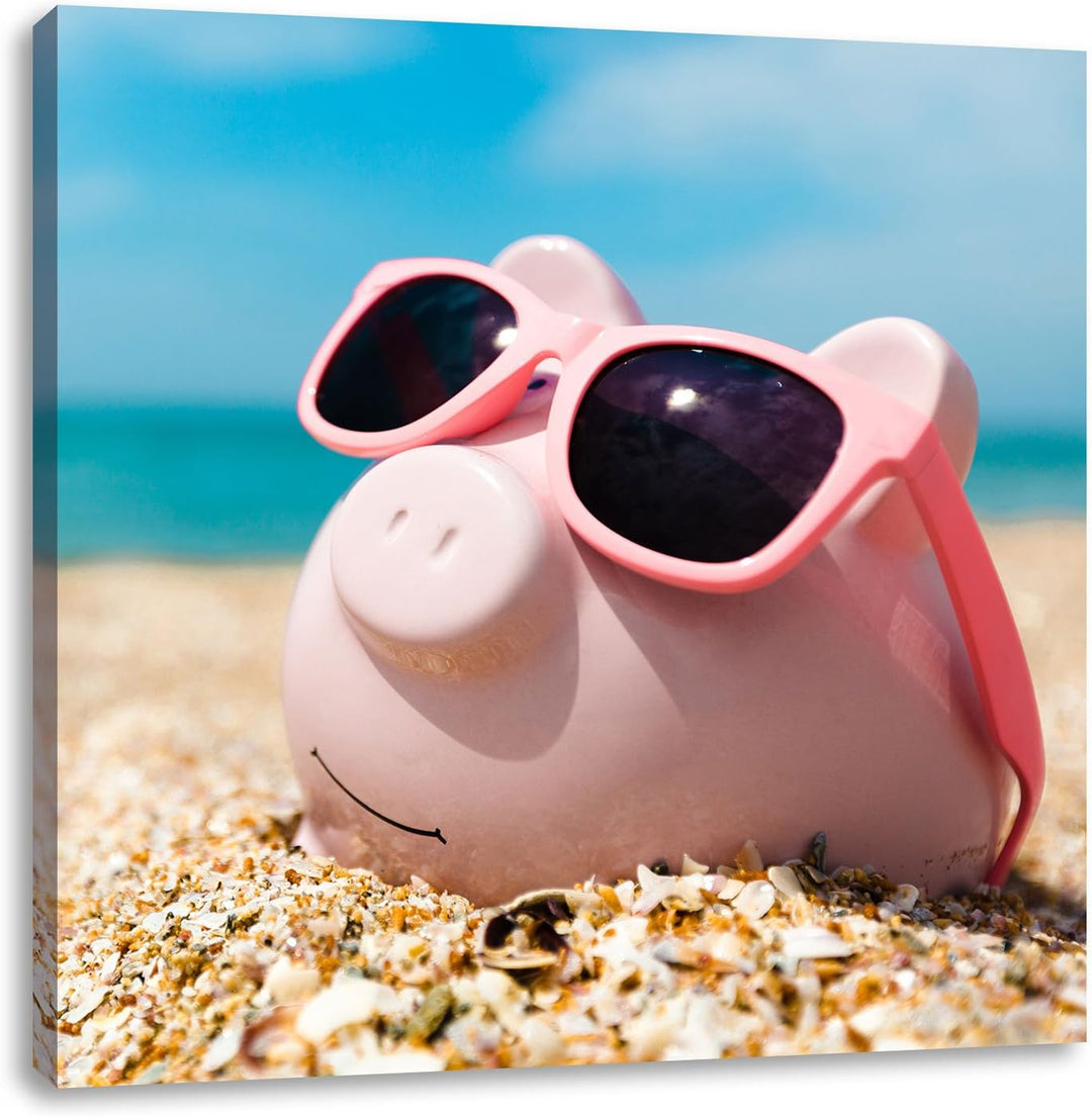 Schweinchen am Strand, Format: 70x70 auf Leinwand, XXL riesige Bilder fertig gerahmt mit Keilrahmen,