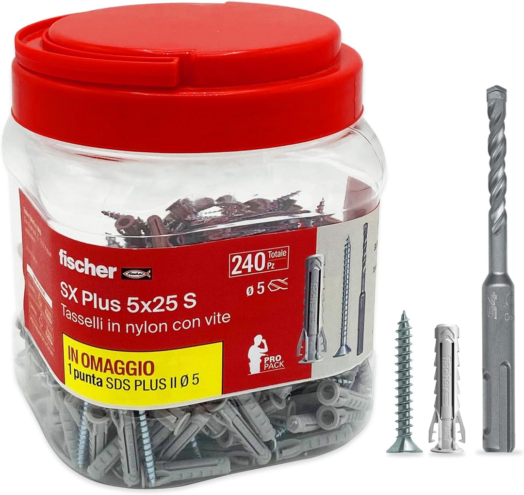 Fischer Propack SX Plus 5 S, 240 Dübel 5 x 25 cm, mit Schraube + SDS-Bohrer, 5 mm, wiederverwendbar,