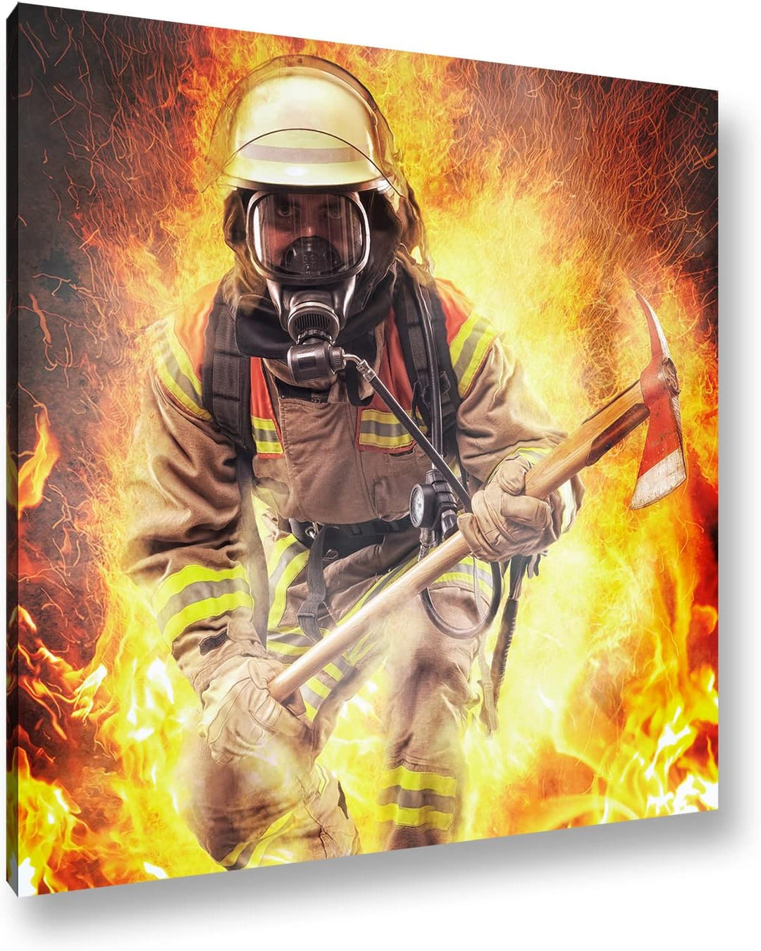 Feuerwehrmann im Einsatz Format: 60x60 als Leinwandbild, Motiv fertig gerahmt auf Echtholzrahmen, Ho