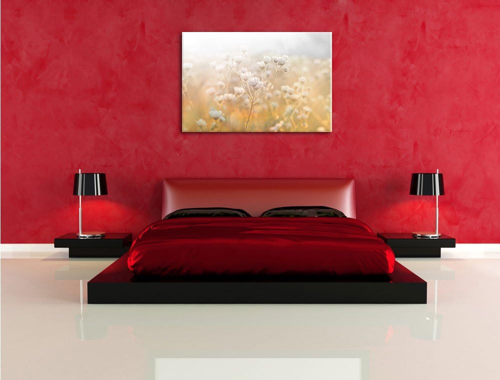 Pixxprint Romantische Blumenwiese Schwarz/Weiss als Leinwandbild/Grösse: 100x70 / Wandbild/Kunstdruc