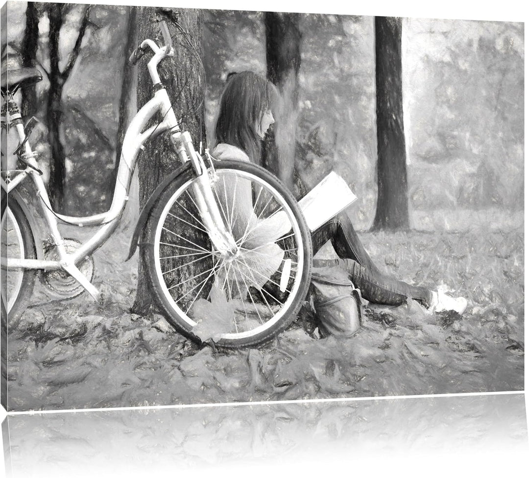 Pixxprint Teenager Girl with Bike 100x70cm Leinwandbild Wandbild Kunstdruck, 100x70