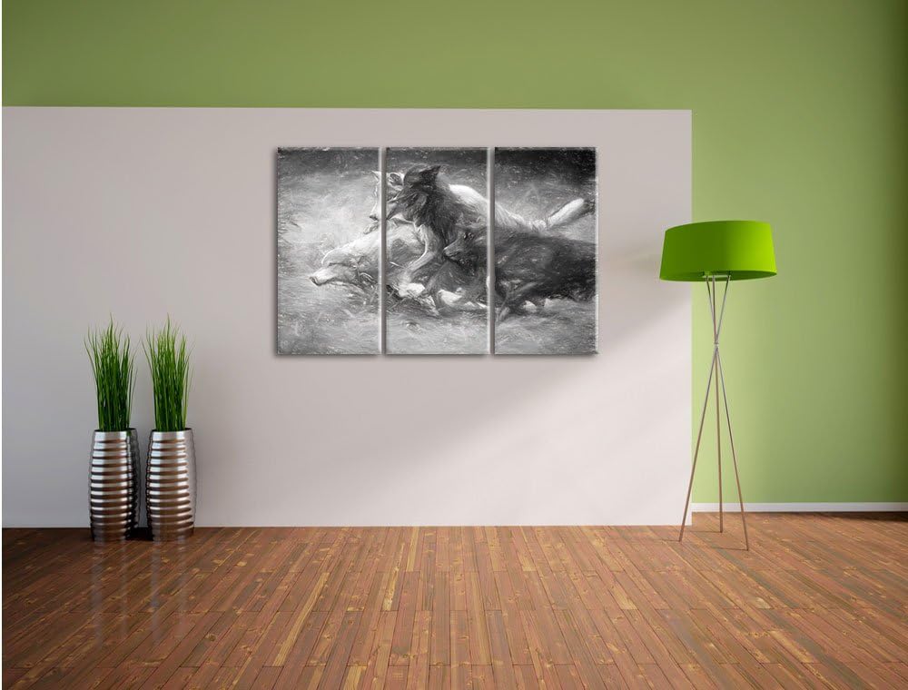 Pixxprint Tobendes Wolfsrudel als Leinwandbild/Grösse: 3 Teilig (120x80) cm/Wandbild/Kunstdruck/fert