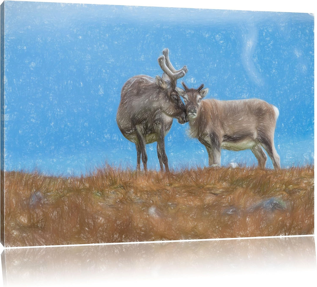 Pixxprint Rentiere die miteinander schmusen / 100x70cm Leinwandbild bespannt auf Holzrahmen/Wandbild